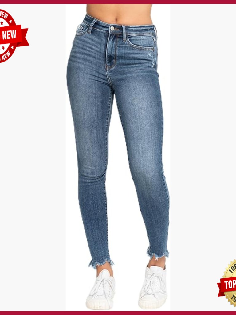 High Waisted Skinny Jeans With Destroyed Hem, Premium Cotton Blend